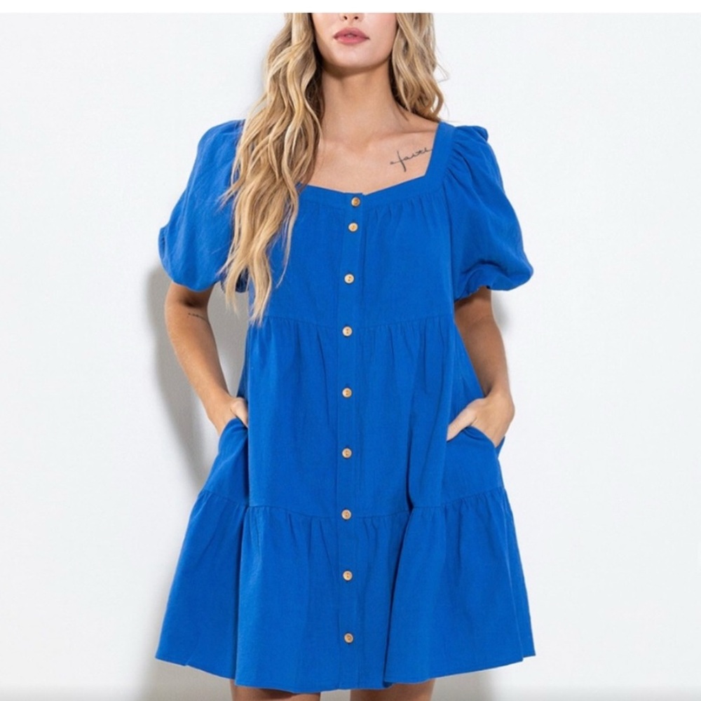 Linen Puff Short Sleeve Tiered Mini Dress